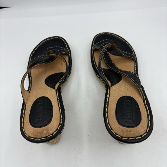 Born Sandals Womens Size 8 Black Leather Espadrille Wedge Heel Mule Toe Loop - Picture 7 of 12